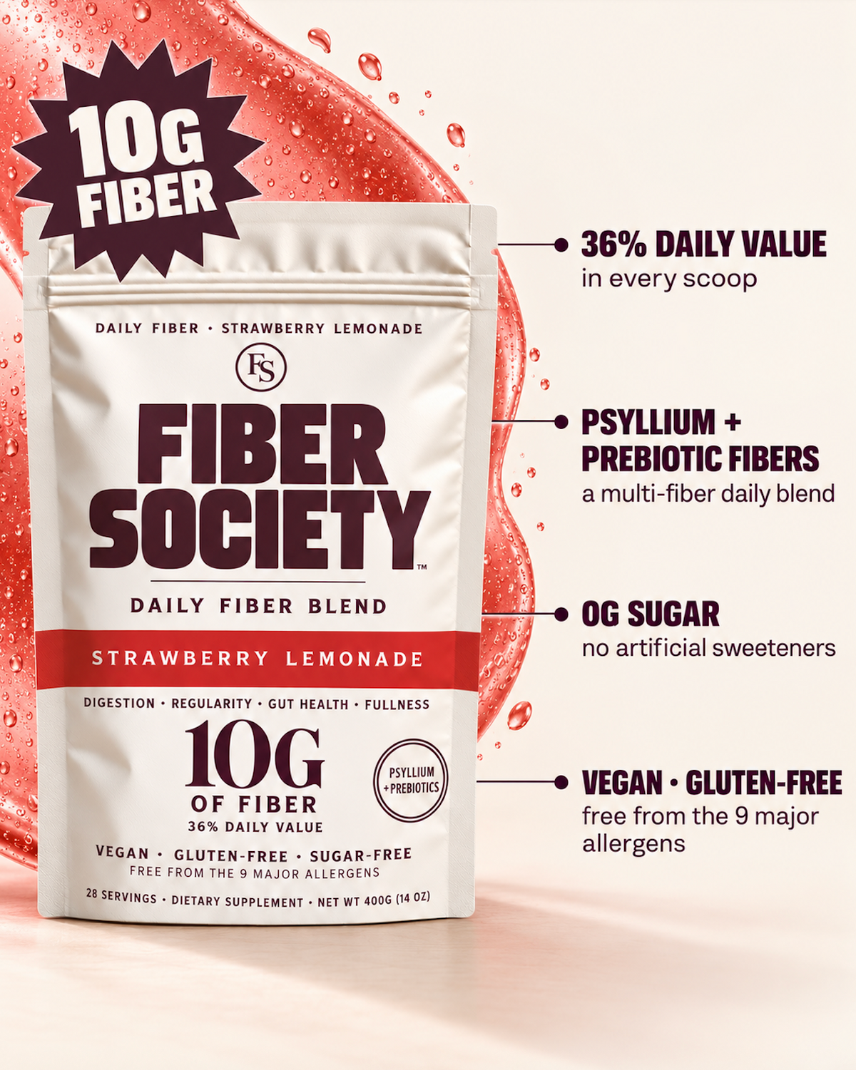 Fiber Society pouch: 10g fiber, 36% daily value, 0g sugar, vegan and gluten-free
